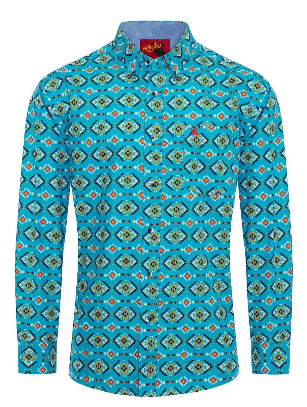 Men's Bright Turquoise Aztec Print Long-Sleeve Button-Down Shirt by Rodeo